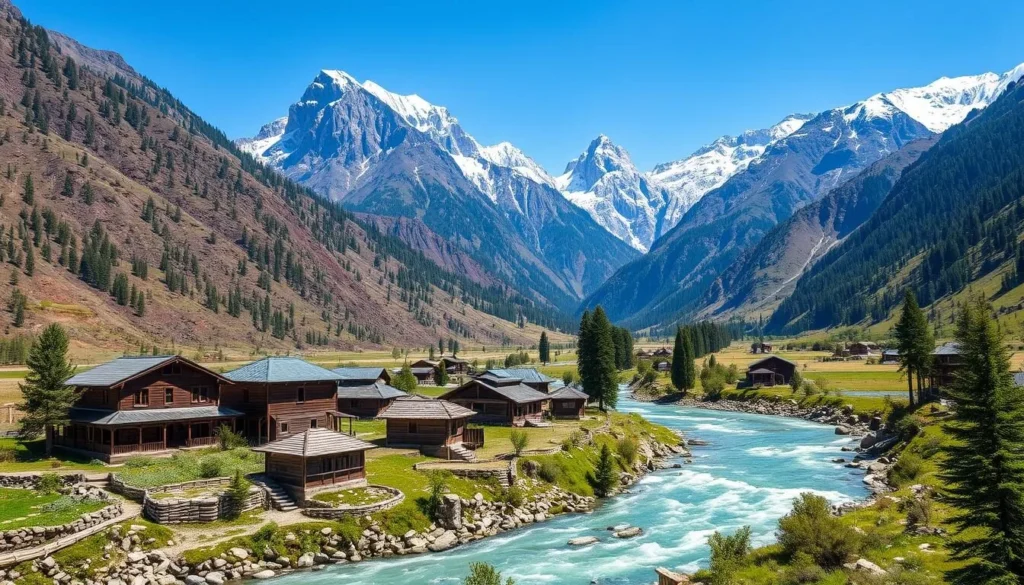 Remote village of Taobat with wooden houses along the Neelum River surrounded by towering mountains Remote village of Taobat with wooden houses along the Neelum River surrounded by towering mountains