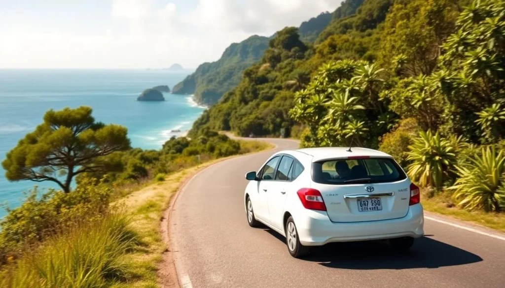 Rental car driving along Iriomote Island's coastal road with ocean view