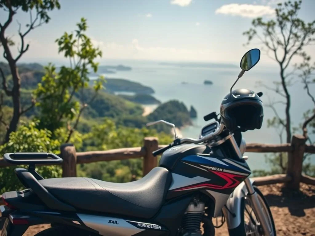 Rented motorcycle parked near a scenic viewpoint on Poro Island