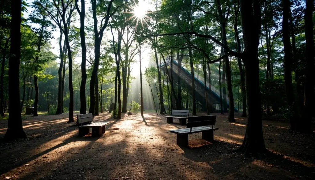 Rest area with benches inside Kadigarh National Park for visitors to relax