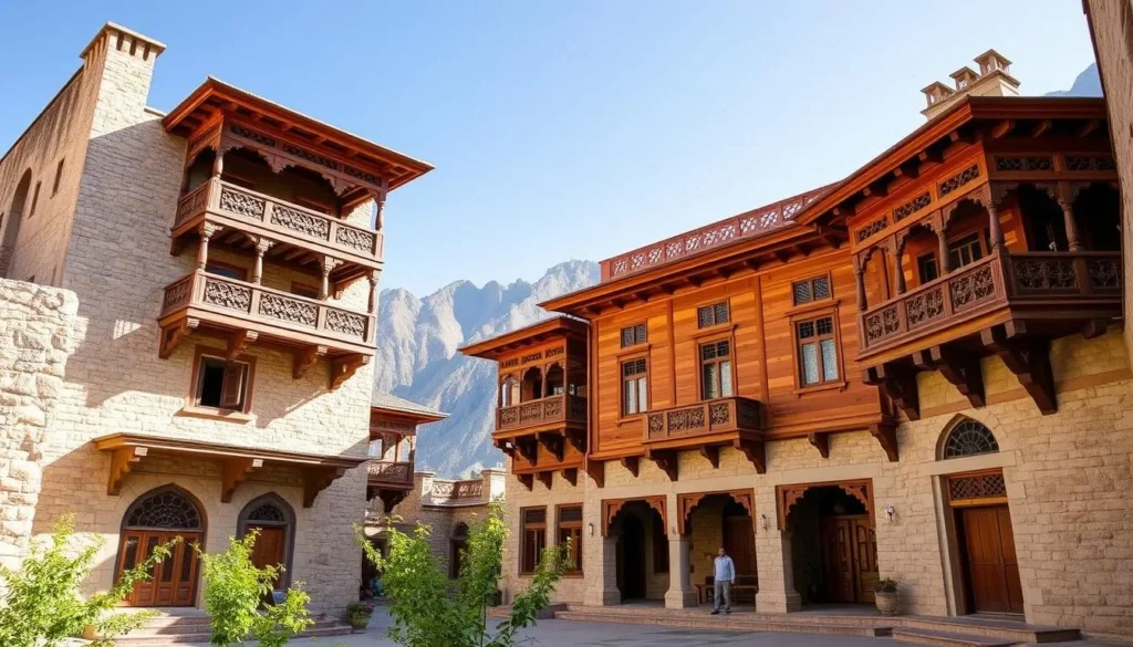 Restored wooden architecture of Shigar Fort with traditional Balti design elements and mountain backdrop