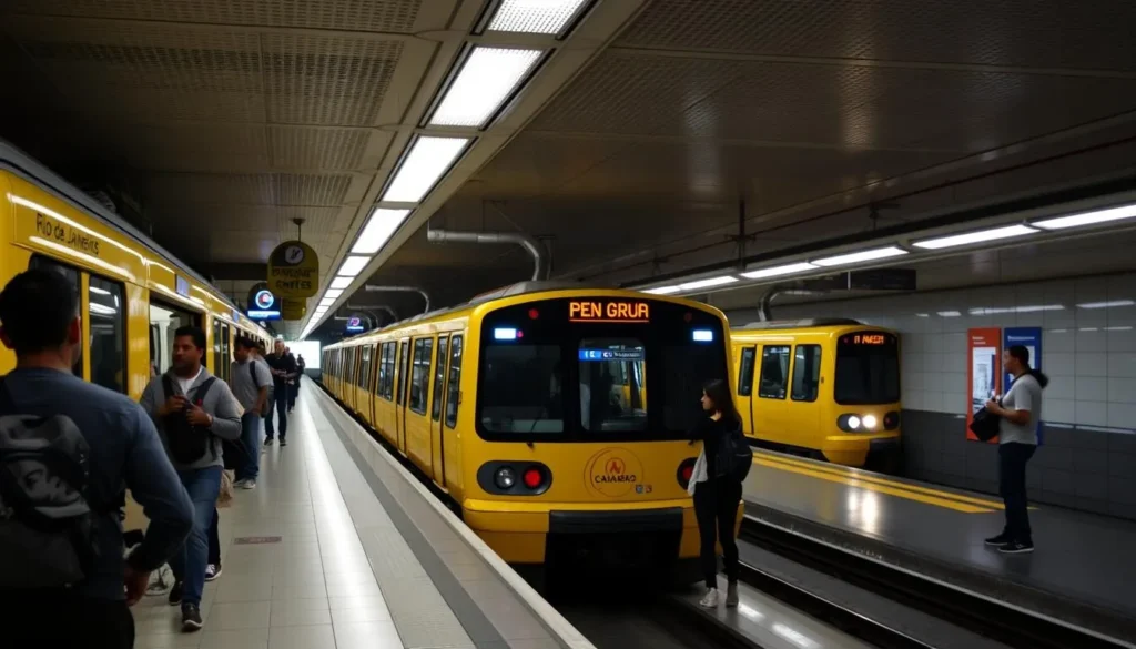 Rio de Janeiro's modern metro system with passengers and iconic yellow train cars
