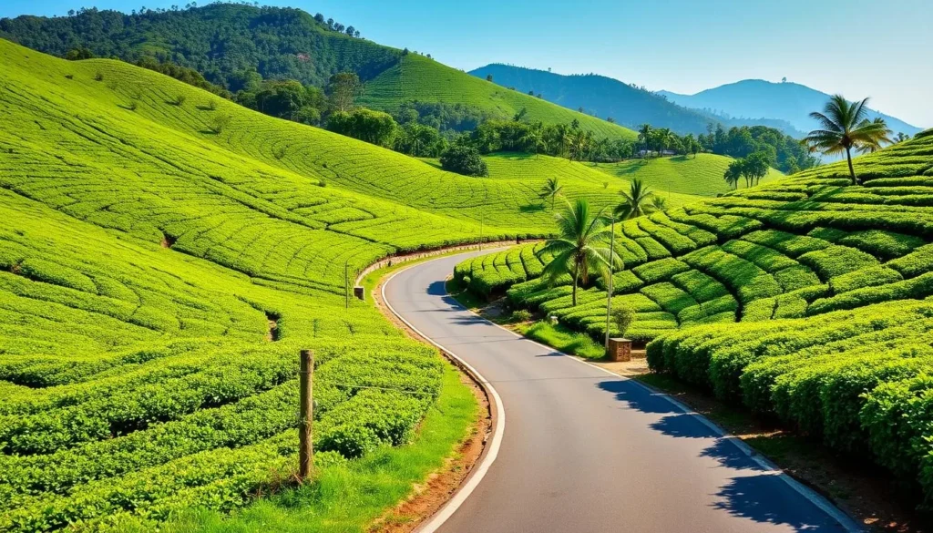 Road journey to Jaflong showing the scenic route through hills and tea gardens Road journey to Jaflong showing the scenic route through hills and tea gardens