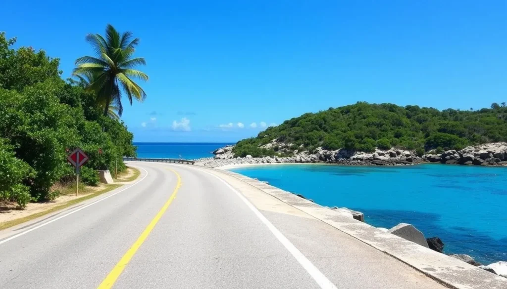 Road leading to Crocus Bay, Anguilla with coastal views