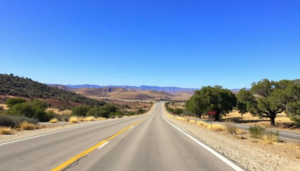 Road leading to Folsom Lake (Nimbus Flat) entrance with directional signs and beautiful landscape views Road leading to Folsom Lake (Nimbus Flat) entrance with directional signs and beautiful landscape views