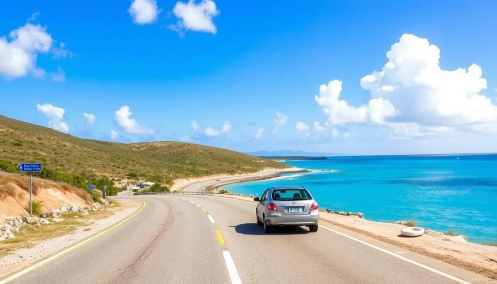 Road leading to Island Harbour with rental car driving along coastal route