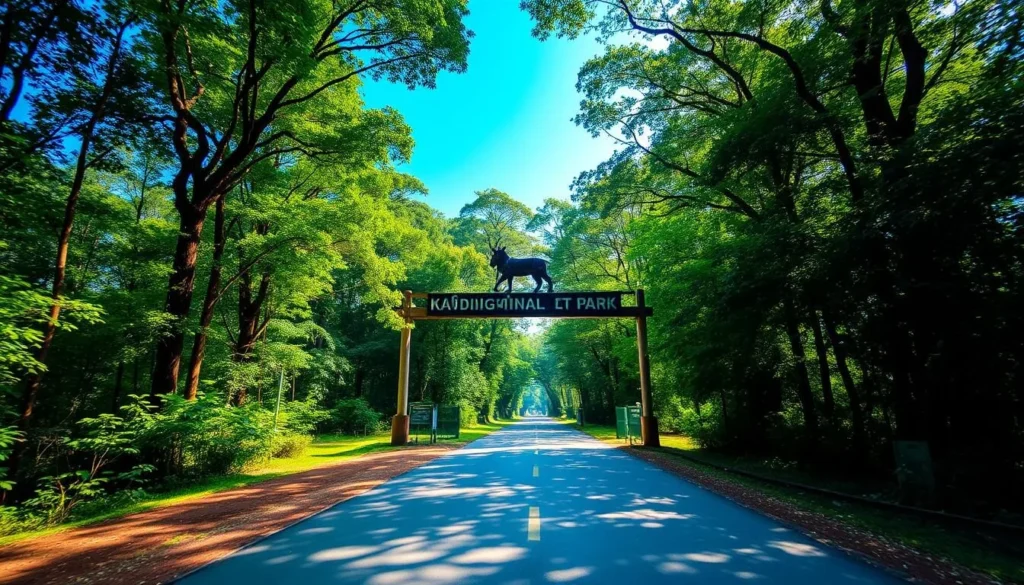 Road leading to Kadigarh National Park entrance with forest on both sides