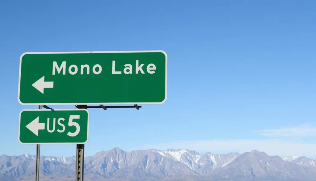 Road sign for Mono Lake with mountains in the background Road sign for Mono Lake with mountains in the background