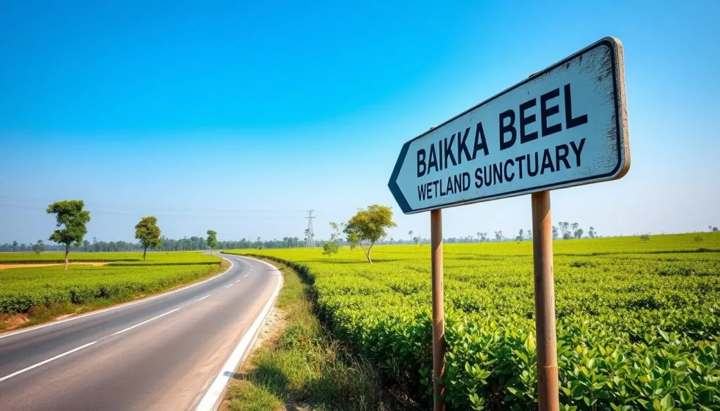 Road sign pointing to Baikka Beel Wetland Sanctuary with lush green tea gardens in the background