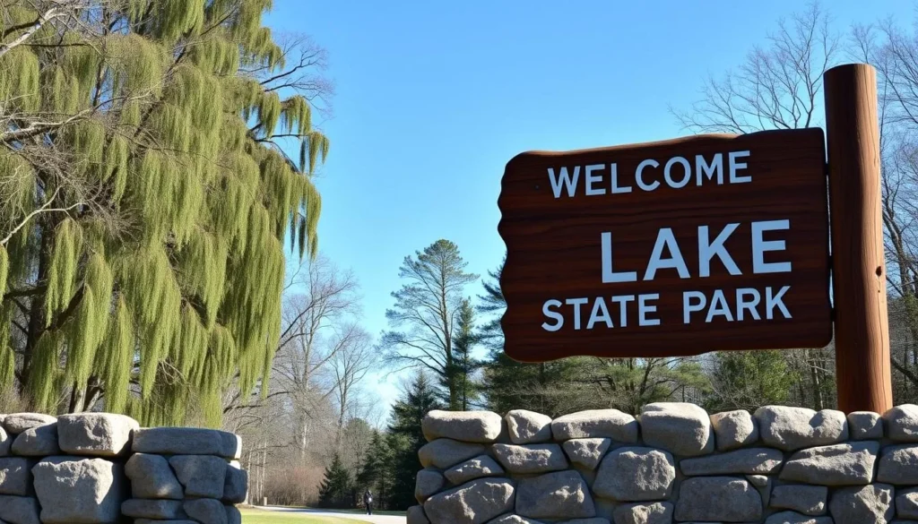 Road sign welcoming visitors to Reelfoot Lake State Park with cypress trees in background