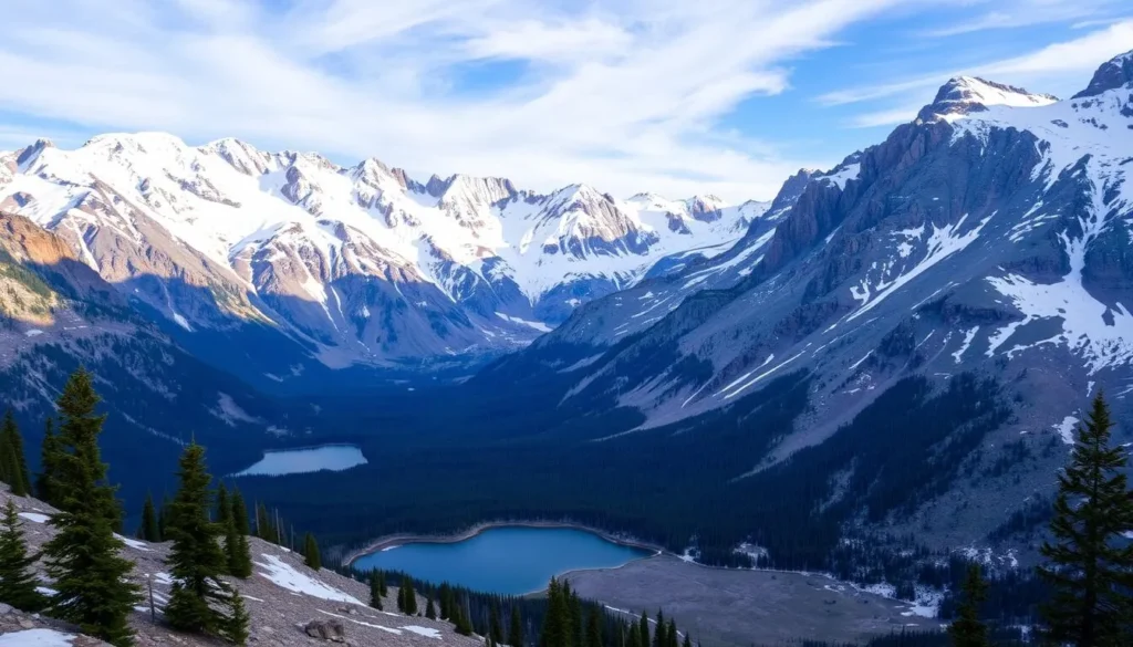 Rocky Mountain National Park landscape with snow-capped peaks and alpine lakes