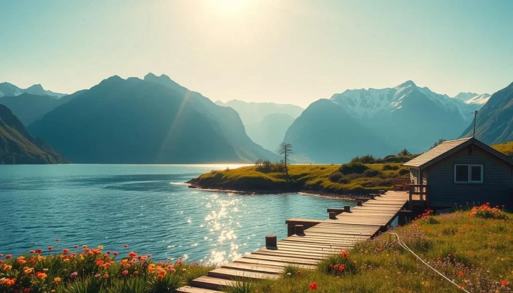 Rogaland County, Norway: a serene natural landscape bathed in warm, golden sunlight. A majestic fjord with gently lapping waves frames the scene, surrounded by towering, snow-capped mountains. In the foreground, a quaint wooden dock extends into the calm waters, inviting visitors to explore the region's abundant hiking trails and scenic viewpoints. Vibrant wildflowers dot the lush, verdant meadows, creating a picturesque and tranquil atmosphere. The image is captured through a wide-angle lens, showcasing the breathtaking grandeur of this Norwegian wonder.