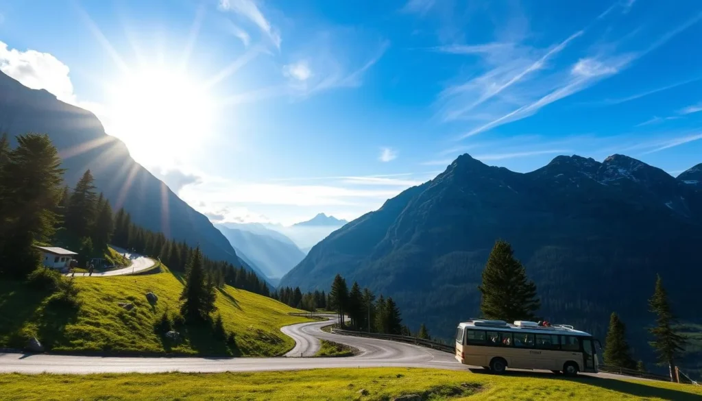 Romsdalen Mountains under a clear blue sky, captured with a wide-angle lens. A winding mountain road snakes through the lush, verdant landscape, flanked by towering peaks and lush pine forests. In the foreground, a vintage Norwegian tour bus navigates the hairpin turns, its passengers admiring the breathtaking vistas. Sunlight filters through wispy clouds, casting a warm, golden glow over the scene. The mood is one of serene adventure, inviting the viewer to explore the grandeur of the Romsdalen Mountains.