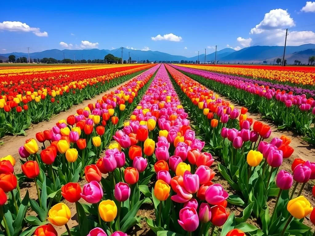Rows of colorful tulips at the Indira Gandhi Memorial Tulip Garden with mountains in the background