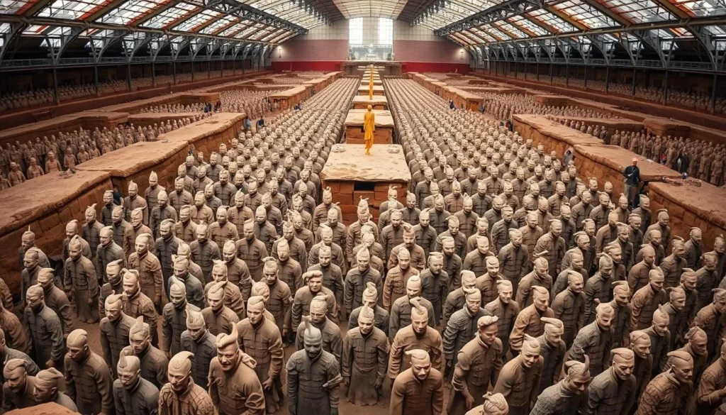 Rows of terracotta warriors in formation at the Terracotta Army Museum in Xi'An