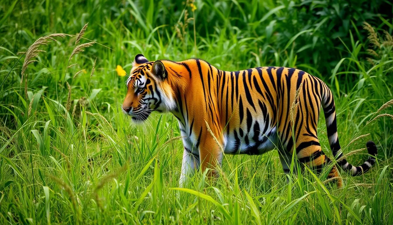 Royal Bengal tiger walking through tall grass in Bardiya National Park