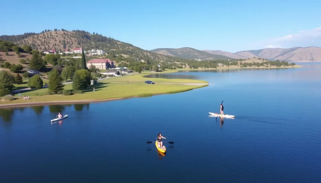Rueter-Hess Reservoir with paddleboards and people enjoying the scenery