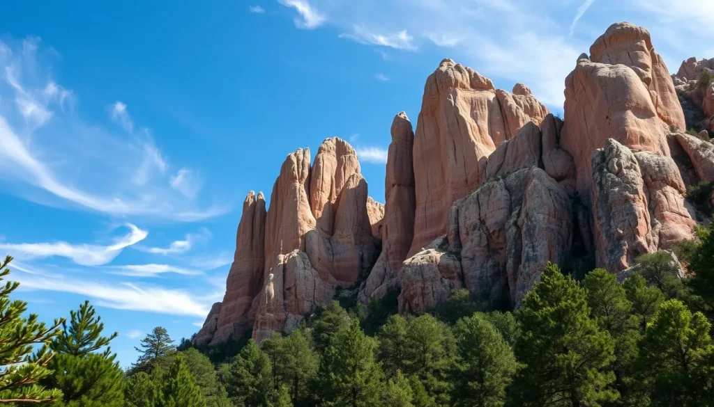 Rugged, majestic rock formations rising majestically against a clear, azure sky. Dramatic, angular cliffs and boulders in shades of warm ochre and grey, weathered by the elements over eons. Sunlight filters through wispy clouds, casting dramatic shadows that accentuate the textures and contours of the unique geological features. In the foreground, a lush, verdant forest frames the scene, adding depth and contrast. Capture the timeless, awe-inspiring beauty of this natural wonder with a wide-angle lens, showcasing the scale and grandeur of this incredible landscape. Rugged, majestic rock formations rising majestically against a clear, azure sky. Dramatic, angular cliffs and boulders in shades of warm ochre and grey, weathered by the elements over eons. Sunlight filters through wispy clouds, casting dramatic shadows that accentuate the textures and contours of the unique geological features. In the foreground, a lush, verdant forest frames the scene, adding depth and contrast. Capture the timeless, awe-inspiring beauty of this natural wonder with a wide-angle lens, showcasing the scale and grandeur of this incredible landscape.