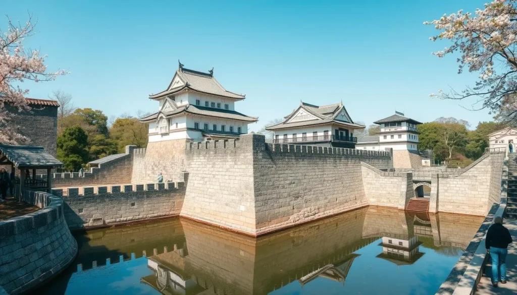 Ruins of Takamatsu Castle with its seawater moat and preserved turrets Ruins of Takamatsu Castle with its seawater moat and preserved turrets