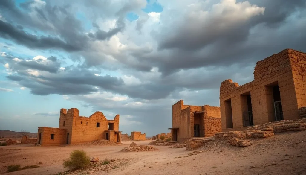 Ruins of abandoned Kuldhara village near Jaisalmer with crumbling stone structures against a dramatic sky Ruins of abandoned Kuldhara village near Jaisalmer with crumbling stone structures against a dramatic sky