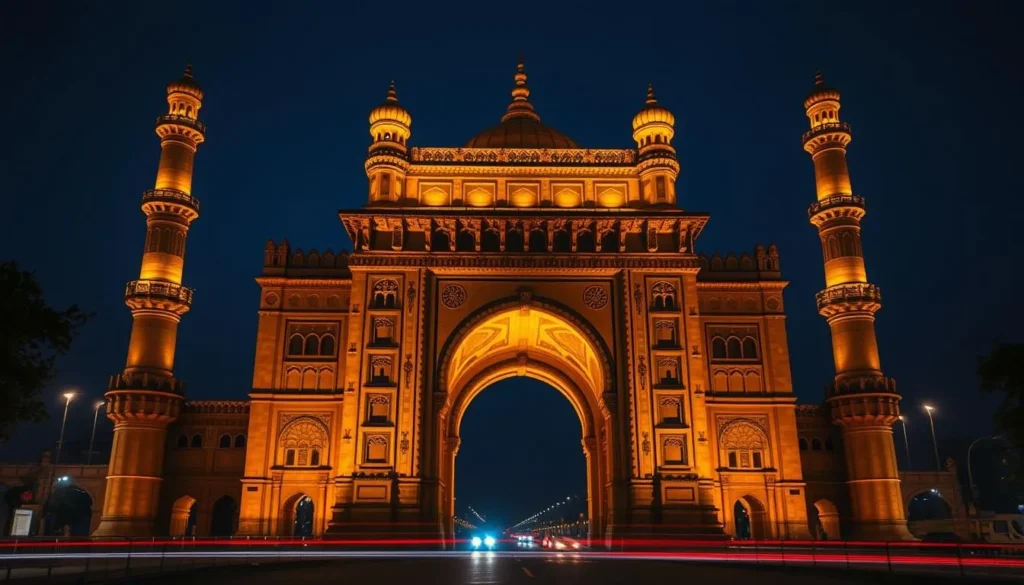 Rumi Darwaza illuminated at night showing its majestic structure and architectural details
