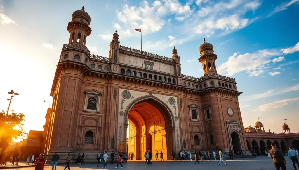 Rumi Darwaza in Lucknow during golden hour with clear blue skies, showcasing the best time to visit