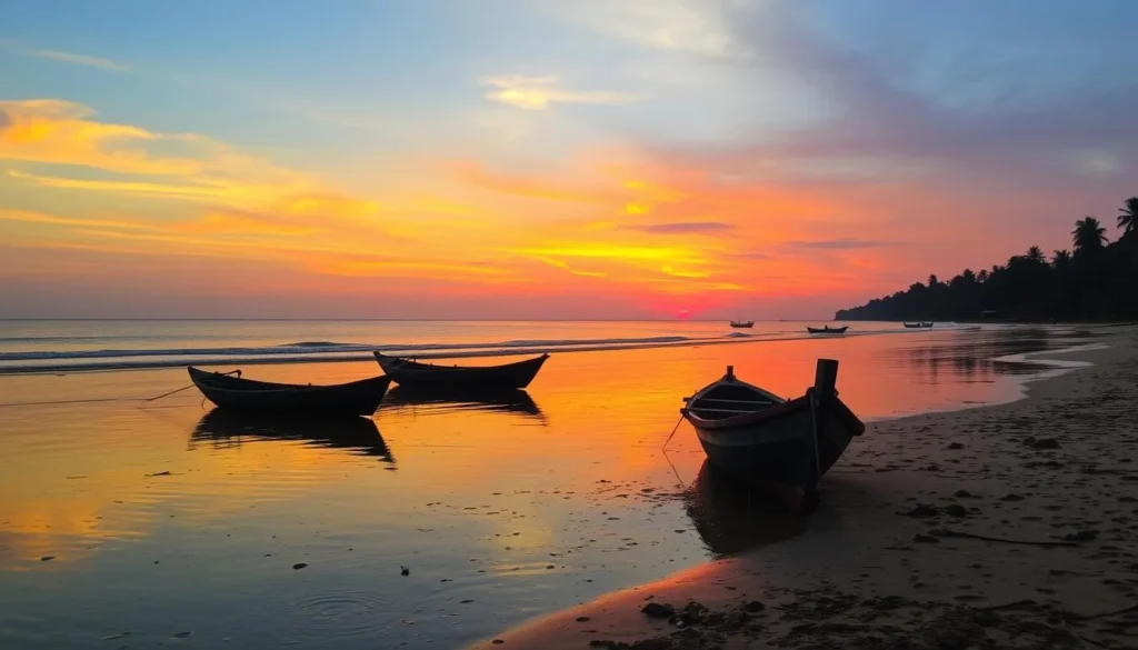 Rustic Thottada Beach with traditional fishing boats