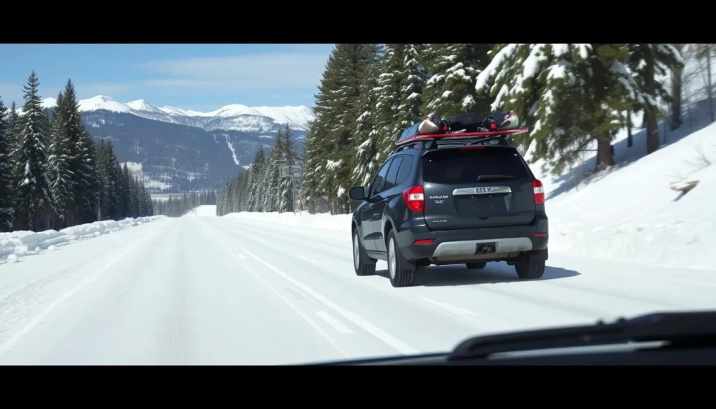 SUV driving on a mountain road near Wolf Creek in winter conditions SUV driving on a mountain road near Wolf Creek in winter conditions