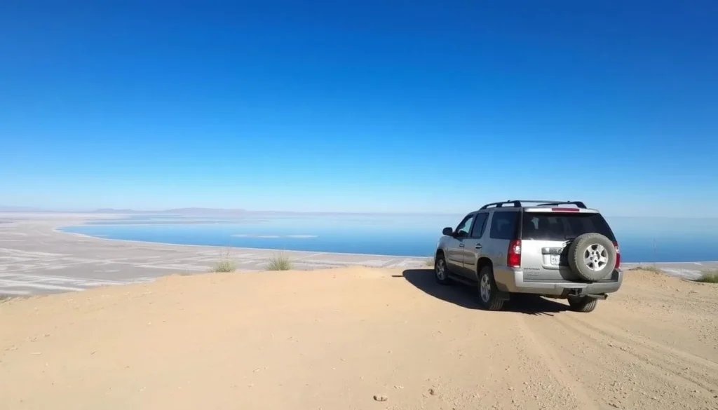 SUV parked near Bombay Beach with the Salton Sea in the background SUV parked near Bombay Beach with the Salton Sea in the background