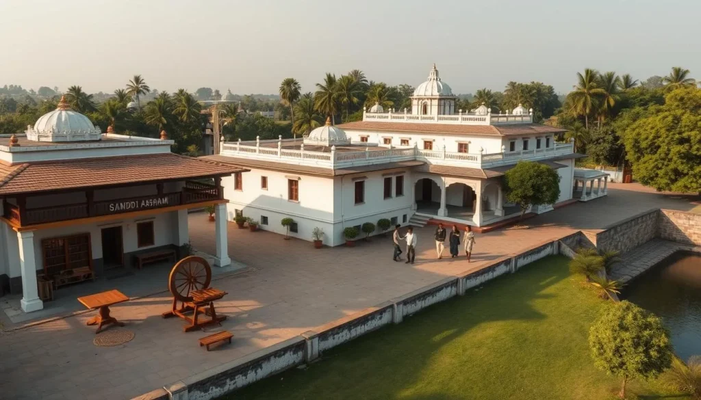 Sabarmati Ashram in Ahmedabad with Gandhi's living quarters and the serene riverside setting Sabarmati Ashram in Ahmedabad with Gandhi's living quarters and the serene riverside setting