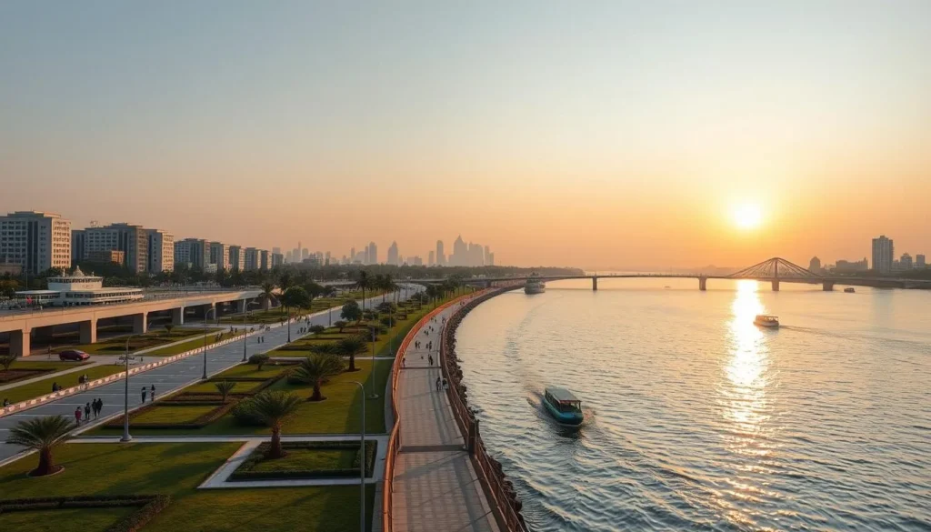 Sabarmati Riverfront in Ahmedabad showing the promenade, gardens, and recreational facilities along the river Sabarmati Riverfront in Ahmedabad showing the promenade, gardens, and recreational facilities along the river