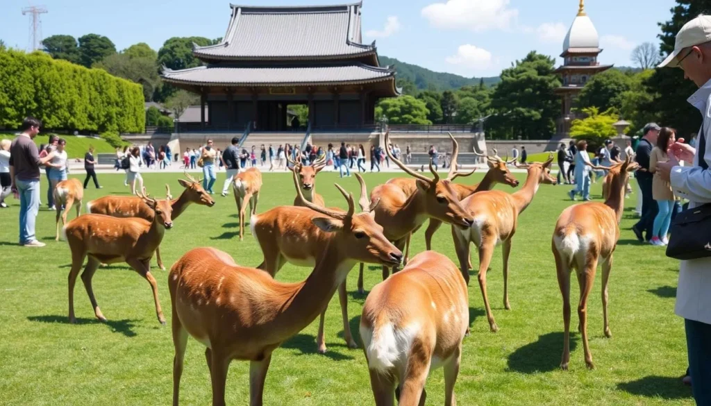 Sacred deer roaming freely in Nara Park with Todai-ji Temple in the background