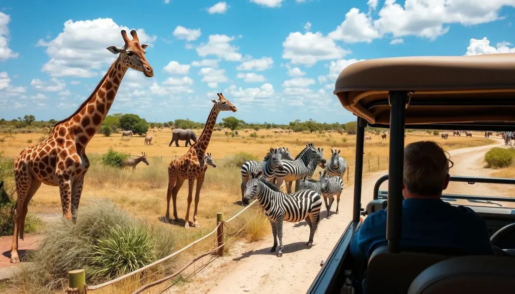 Safari vehicle viewing giraffes and zebras at Lion Country Safari Safari vehicle viewing giraffes and zebras at Lion Country Safari