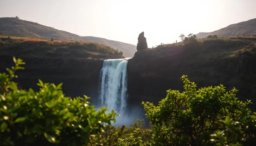 Sahastrakund Waterfall, a mesmerizing natural wonder nestled amidst the lush green hills of Nanded, Maharashtra. Capture the cascading waters glistening in the warm sunlight, as they plunge over the rugged cliff, creating a serene and captivating scene. In the foreground, lush vegetation frames the waterfall, while the middle ground showcases the towering rock formations that give the waterfall its unique character. In the background, rolling hills dotted with vibrant foliage create a picturesque landscape, inviting the viewer to immerse themselves in the tranquil beauty of this breathtaking natural marvel.