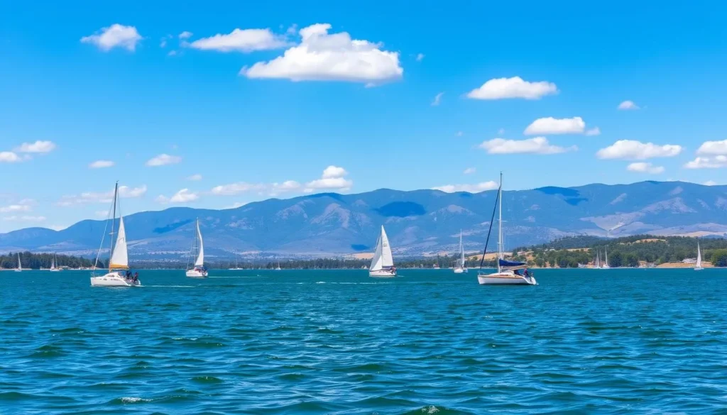 Sailboats on Folsom Lake with the Sierra foothills in the background on a clear day Sailboats on Folsom Lake with the Sierra foothills in the background on a clear day