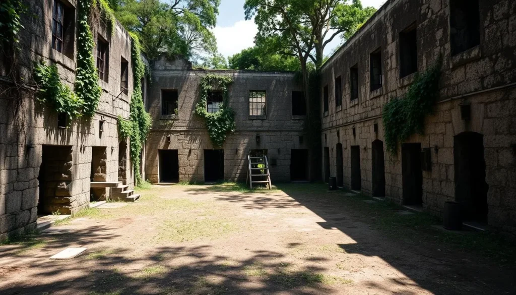 Salvation Islands prison ruins, a haunting relic of French Guiana's colonial past. Sunlight filters through the crumbling stone walls, casting long shadows across the overgrown courtyard. Vines crawl up the facade, reclaiming the once-imposing structure. Weathered cells and exercise yards hint at the harsh conditions faced by its former inmates. A sense of melancholy and quiet contemplation pervades the scene, inviting the viewer to imagine the stories echoing within these abandoned halls. The rugged, natural landscape surrounding the ruins suggests a remote, isolated setting, heightening the air of solitude and abandonment.