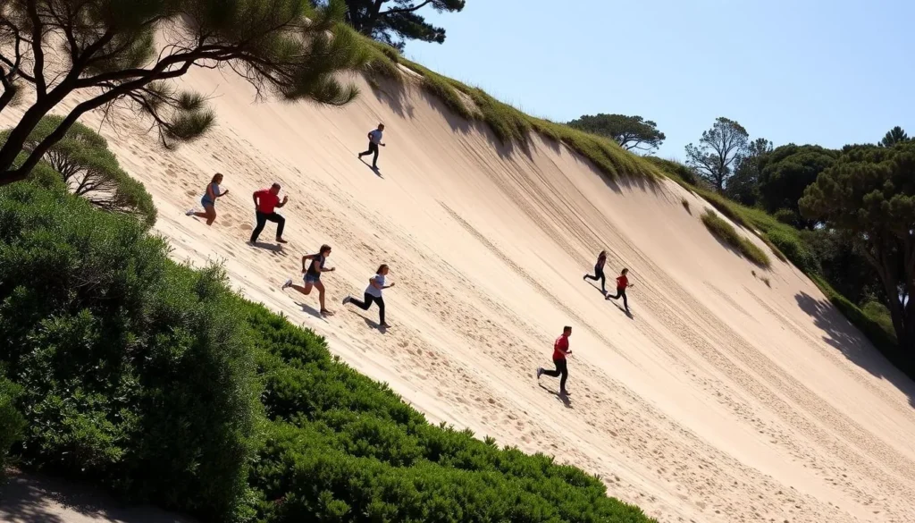 Sand Dune Park in Manhattan Beach showing the steep sand dune with people exercising Sand Dune Park in Manhattan Beach showing the steep sand dune with people exercising
