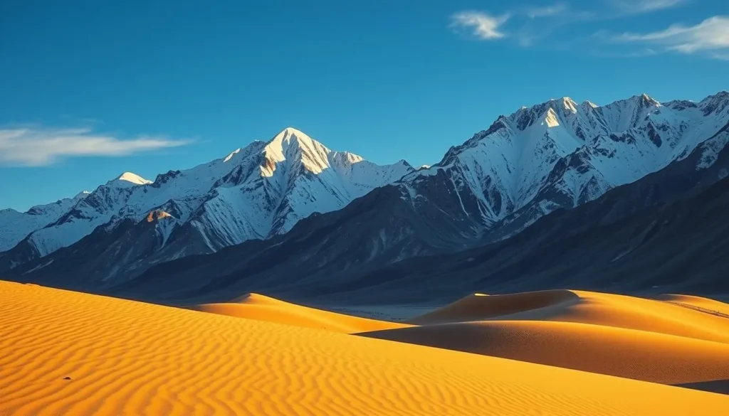 Sand dunes of Katpana Cold Desert with snow-capped mountains in the background