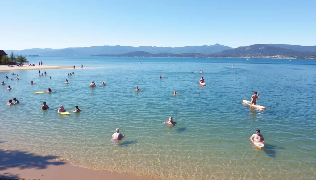 Sandpoint Idaho in summer with people enjoying Lake Pend Oreille beach activities Sandpoint Idaho in summer with people enjoying Lake Pend Oreille beach activities