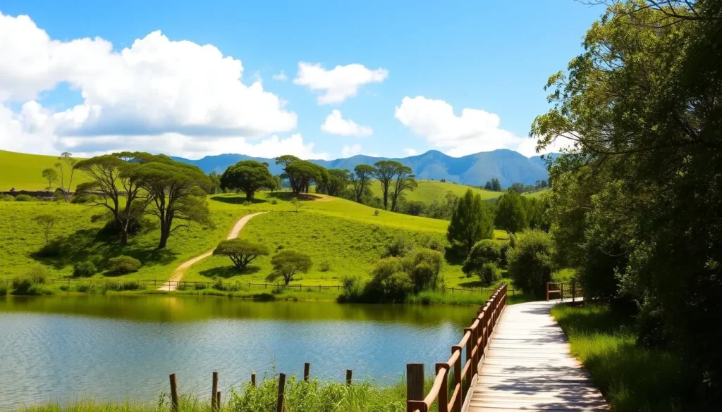 Santa Teresa National Park, Uruguay on a sunny afternoon. A lush, rolling landscape with verdant hills and a winding path leading through vibrant green foliage. In the foreground, a tranquil lake reflects the brilliant blue sky and puffy white clouds. A wooden pier extends into the calm waters, inviting visitors to take in the serene atmosphere. In the middle ground, clusters of tall, swaying trees frame the scene, their branches casting gentle shadows. The background features distant, hazy mountains bathed in warm, golden light, creating a sense of depth and scale. An idyllic, peaceful setting perfect for exploring and appreciating the natural beauty of this Uruguayan paradise.