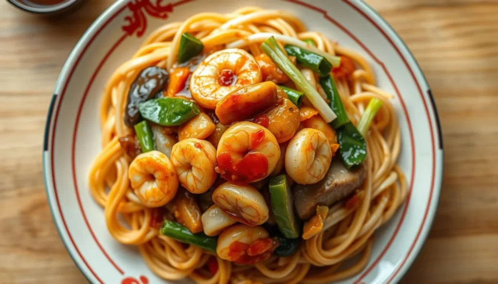 Sara udon with crispy noodles topped with stir-fried seafood, vegetables, and thick sauce