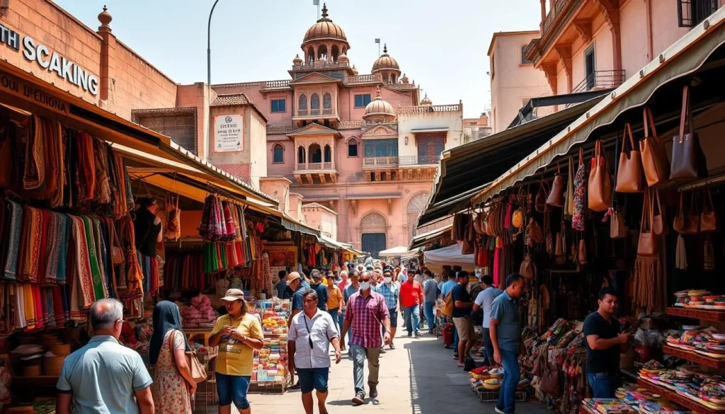 Satara shopping district on a bright, sunny day. Bustling outdoor market stalls filled with colorful local textiles, handcrafted leather goods, and aromatic spices. Shoppers leisurely browsing through the vibrant displays, interacting with friendly vendors. In the background, historic buildings with intricate architectural details provide a charming backdrop. Warm, diffused lighting casts a welcoming glow over the scene. Capture the energy and spirit of this lively marketplace, showcasing the unique shopping experience that Satara has to offer.