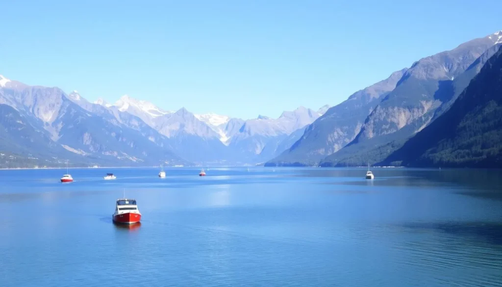 Sauce Lake with boats and surrounding mountains