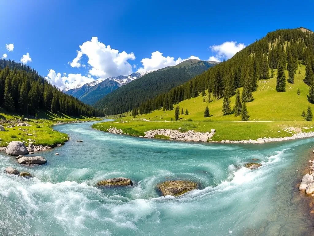 Scenic Betaab Valley with Lidder River flowing through green meadows surrounded by pine forests Scenic Betaab Valley with Lidder River flowing through green meadows surrounded by pine forests