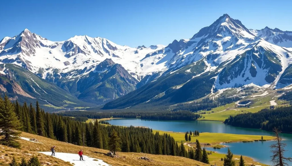 Scenic Eldora Mountain in the Colorado Rockies, bathed in warm sunlight. Rugged, snow-capped peaks rise majestically in the background, while lush alpine meadows and forests fill the foreground. Skiers carve graceful turns down pristine slopes, while hikers explore meandering trails. A crystal-clear lake reflects the surrounding beauty, its calm waters inviting visitors to relax and take in the breathtaking vistas. The atmosphere is one of peaceful tranquility, offering a serene respite from the hustle and bustle of everyday life.