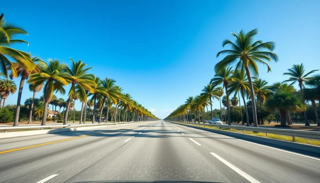 Scenic Florida highway with palm trees lining the road and blue sky overhead Scenic Florida highway with palm trees lining the road and blue sky overhead
