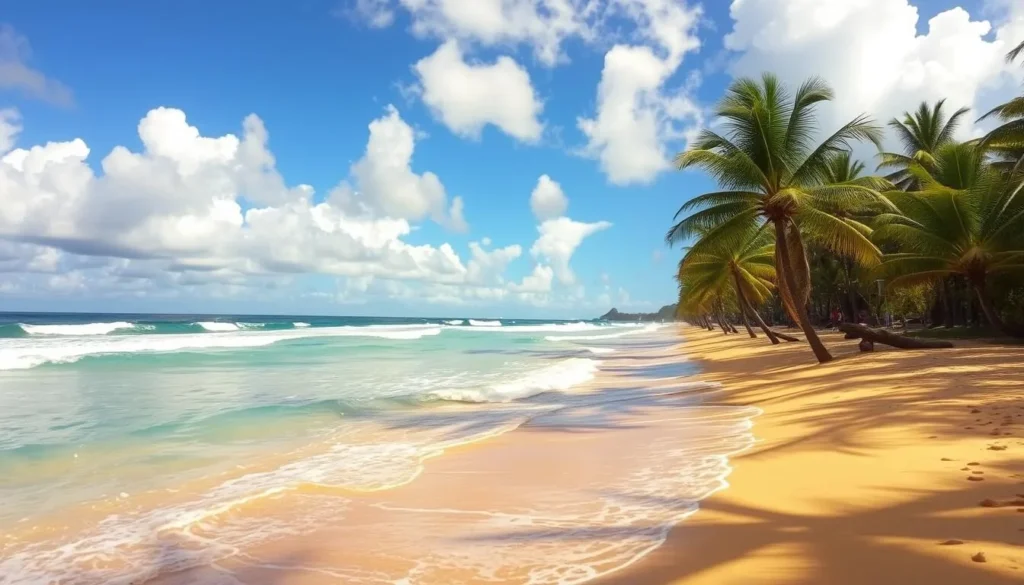 Scenic coastal landscape of Ecuador, sun-drenched beaches and rolling waves. Warm, tropical atmosphere with fluffy cumulus clouds drifting overhead. Vibrant turquoise waters lapping gently against the golden sand. Lush palm trees sway in the gentle breeze, creating dappled shadows. Wide-angle lens captures the expansive vista, showcasing the serene, weather-friendly environment perfect for an idyllic coastal getaway.
