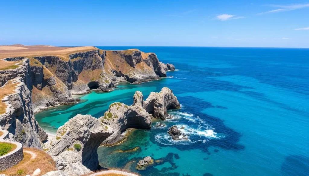 Scenic coastline of the Izu Peninsula with clear blue waters and rugged cliffs Scenic coastline of the Izu Peninsula with clear blue waters and rugged cliffs