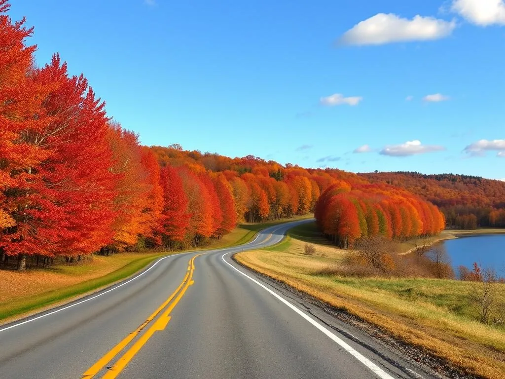 Scenic country road near Reelfoot Lake with fall foliage