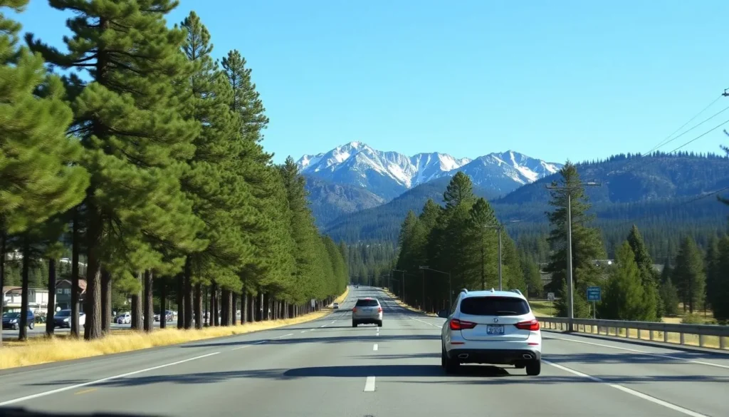 Scenic drive along Big Bear Boulevard with mountain views and pine trees